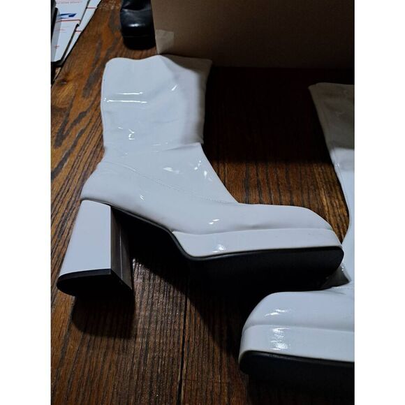 New Size 42 (11) White Long Side Zip Chunky Heel Boots Go Go Boots - Picture 4 of 10